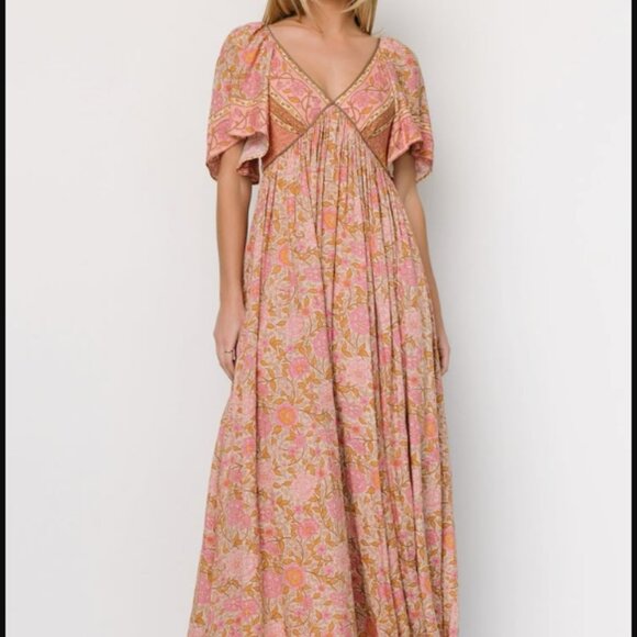 Baltic Born Evanthia Floral Pink Brown Boho Deep V Maxi Dress Flowy Bohemian XL - Picture 1 of 6